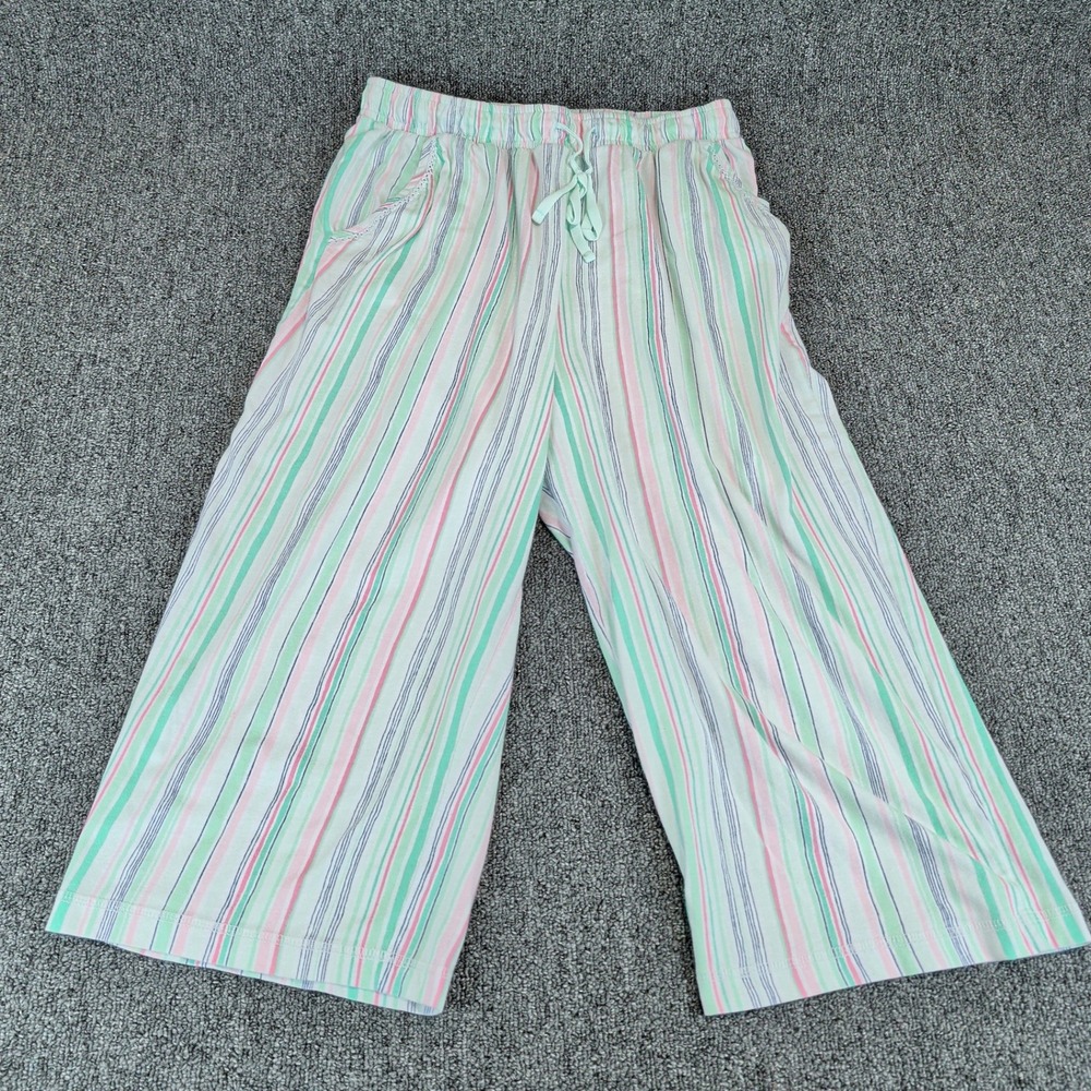Karen‎ Neuburger Womens Pajama Pants M Cotton Blend Striped Wide Leg Crop Lounge
